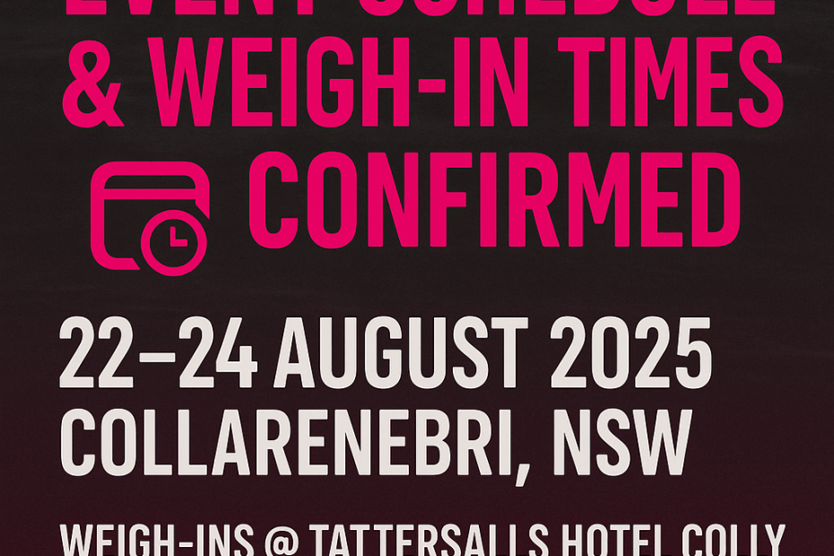 Promotional poster for the Colly Cod Classic & Carp Muster 2025 showing event schedule and weigh-in times confirmed, with bold pink fish graphics, dates 22–24 August 2025 in Collarenebri NSW, and weigh-ins at Tattersalls Hotel Colly.